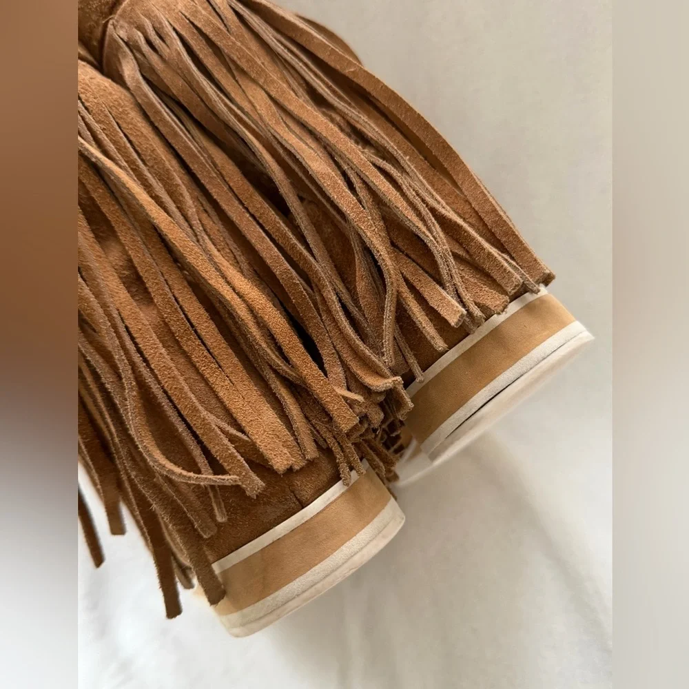 Maison Des Talons Anthropologie Tan Suede Fringe Mocassin Half Boots Size 38/8
